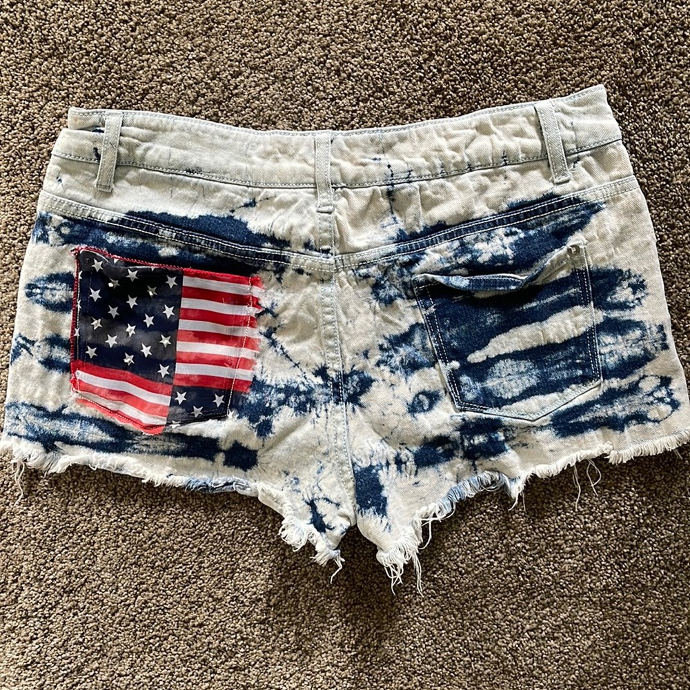 Upcycled Red White & Blue, American Flag ,Beads, Denim Short Shorts